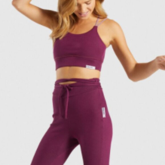 GYMSHARK Slounge Ribbon Bottoms Dark Ruby Marl Tie Waist Ribbed Soft Legging XS - Picture 2 of 8